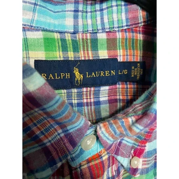 Ralph Lauren Linen Shirt Mens Large Red Blue Green Plaid Button Down Pony Preppy - Picture 4 of 8